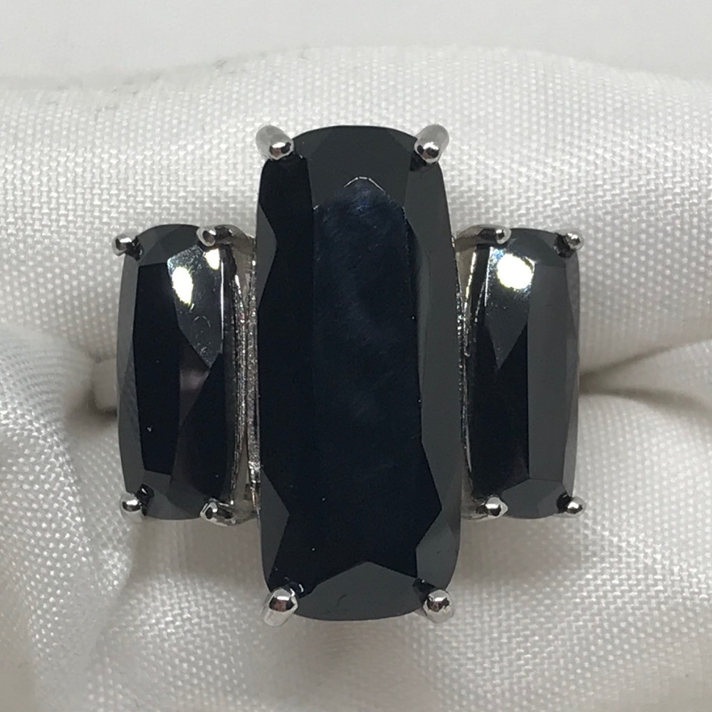 Black Spinel Elongated Cushion Cut  Trilogy Ring